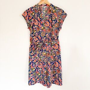 Boden Colorful Paisley Short Sleeve Shirt Dress US 8P Navy Pink Button Down